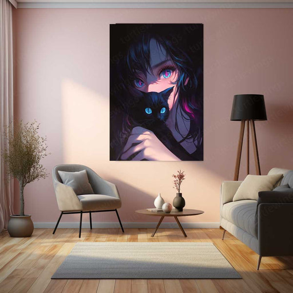 Moonlit Gaze – Girl and Her Cat Metal Poster | Dreamy Night Wall Frame