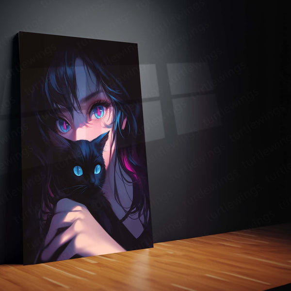 Moonlit Gaze – Girl and Her Cat Metal Poster | Dreamy Night Wall Frame