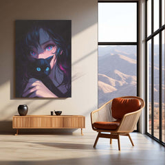 Moonlit Gaze – Girl and Her Cat Metal Poster | Dreamy Night Wall Frame