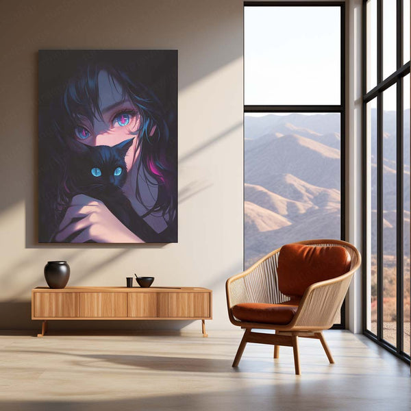 Moonlit Gaze – Girl and Her Cat Metal Poster | Dreamy Night Wall Frame