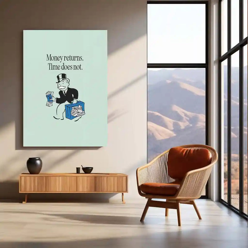 Quote Metal Poster | Mr. Monopoly – “Money returns. Time does not.” Quote | Minimal Finance Motivation Metal Frame Wall Art - TURTLEWINGS 