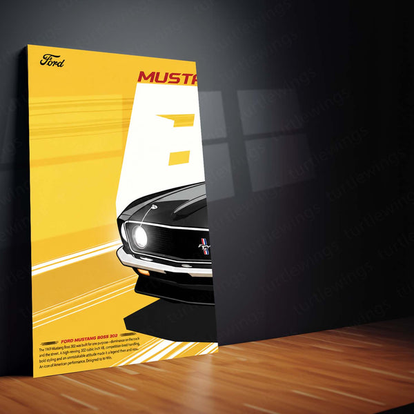 Car Metal Poster Set of 3 | 1969 Ford Mustang Boss 302 | Black Classic Muscle Car Triptych Wall Art | Premium Automotive Metal Print