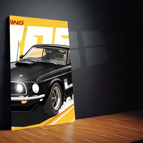 Car Metal Poster Set of 3 | 1969 Ford Mustang Boss 302 | Black Classic Muscle Car Triptych Wall Art | Premium Automotive Metal Print
