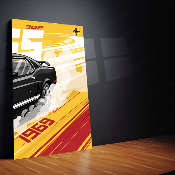Car Metal Poster Set of 3 | 1969 Ford Mustang Boss 302 | Black Classic Muscle Car Triptych Wall Art | Premium Automotive Metal Print