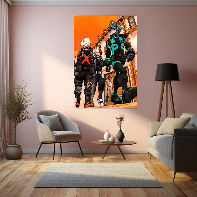 Anime Metal Poster | My Hero Academia – Deku, Bakugo & Todoroki Heroes Trio Artwork | Anime Metal Frame Poster
