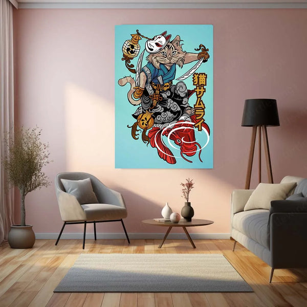Anime Metal Poster | Nekoma Samurai Metal Poster | Feline Warrior Wall Art | Japanese Anime-Inspired Decor - TURTLEWINGS 