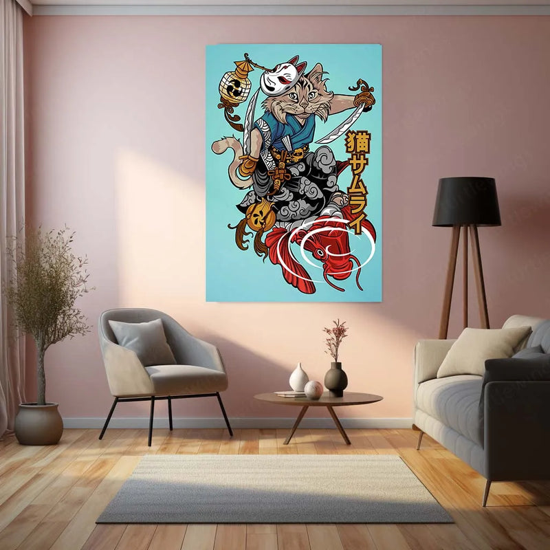 Anime Metal Poster | Nekoma Samurai Metal Poster | Feline Warrior Wall Art | Japanese Anime-Inspired Decor - TURTLEWINGS 