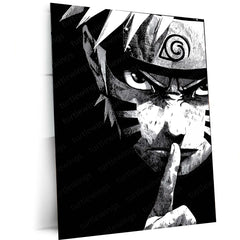 Naruto Silence Gesture – Black and White Metal Frame | Minimal Anime Wall Art | Shinobi Mood Poster for Fans