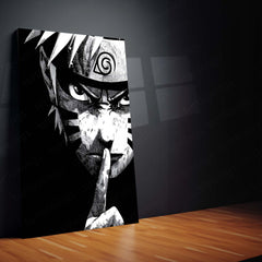Naruto Silence Gesture – Black and White Metal Frame | Minimal Anime Wall Art | Shinobi Mood Poster for Fans