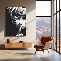 Naruto Silence Gesture – Black and White Metal Frame | Minimal Anime Wall Art | Shinobi Mood Poster for Fans