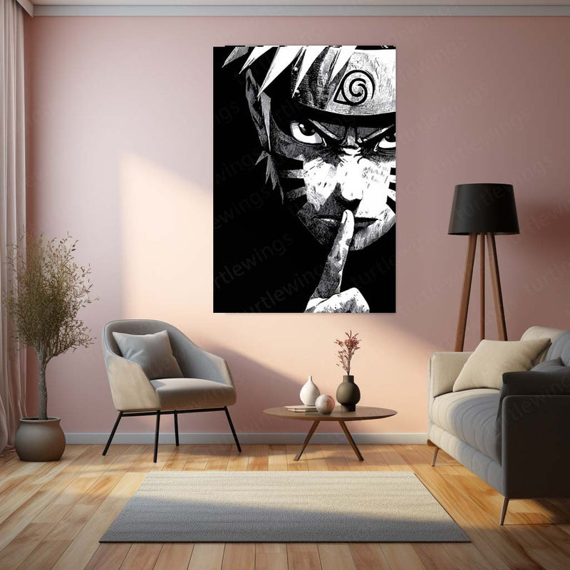 Naruto Silence Gesture – Black and White Metal Frame | Minimal Anime Wall Art | Shinobi Mood Poster for Fans