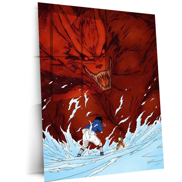 Anime Metal Poster | Naruto Uzumaki & Sasuke Uchiha Nine-Tails Metal Poster | Kurama Battle Anime Wall Art | Naruto Shippuden