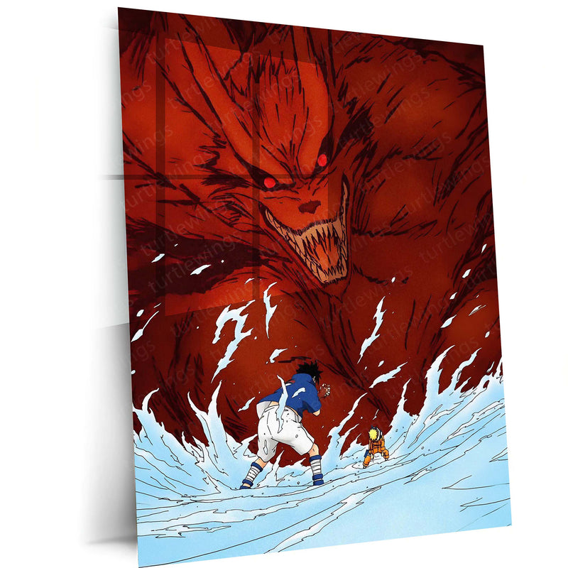 Anime Metal Poster | Naruto Uzumaki & Sasuke Uchiha Nine-Tails Metal Poster | Kurama Battle Anime Wall Art | Naruto Shippuden