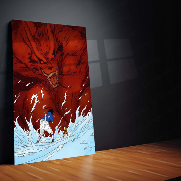 Anime Metal Poster | Naruto Uzumaki & Sasuke Uchiha Nine-Tails Metal Poster | Kurama Battle Anime Wall Art | Naruto Shippuden