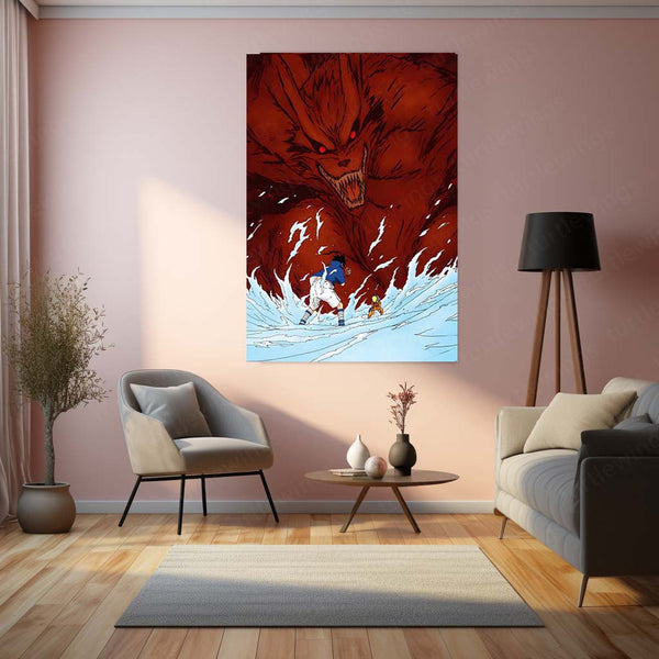 Anime Metal Poster | Naruto Uzumaki & Sasuke Uchiha Nine-Tails Metal Poster | Kurama Battle Anime Wall Art | Naruto Shippuden