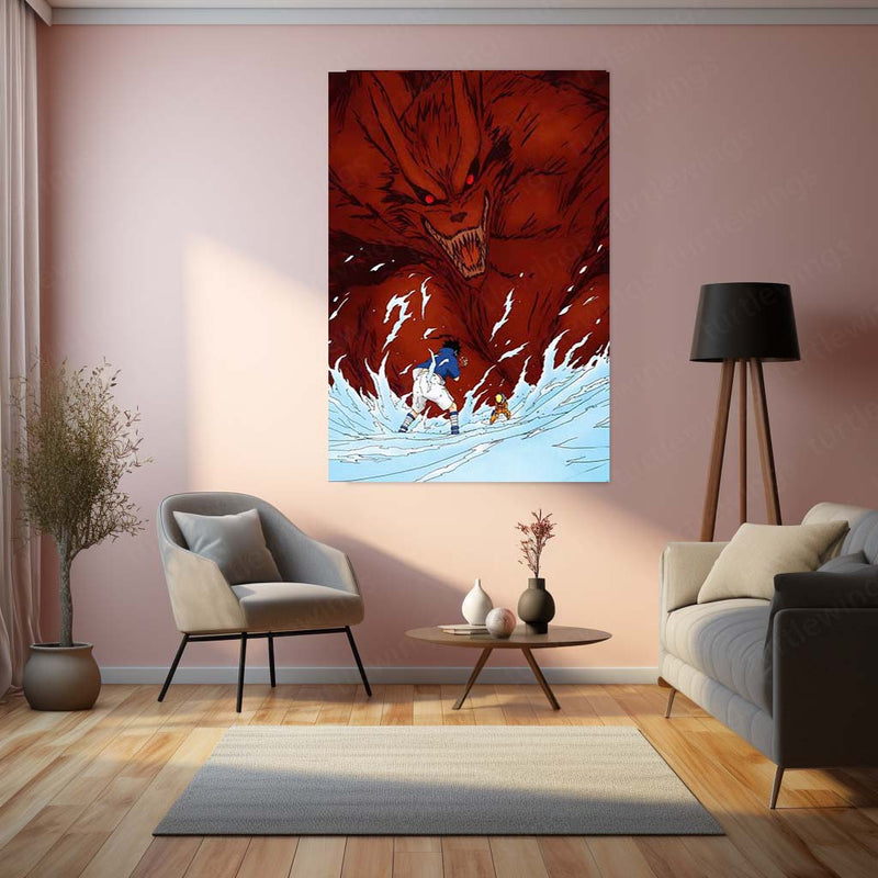 Anime Metal Poster | Naruto Uzumaki & Sasuke Uchiha Nine-Tails Metal Poster | Kurama Battle Anime Wall Art | Naruto Shippuden