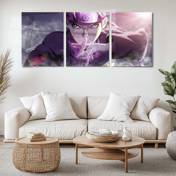 Anime Metal Poster Set of 3 | Naruto | Naruto Uzumaki Hand Sign Purple Chakra Triptych Wall Art