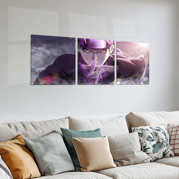 Anime Metal Poster Set of 3 | Naruto | Naruto Uzumaki Hand Sign Purple Chakra Triptych Wall Art