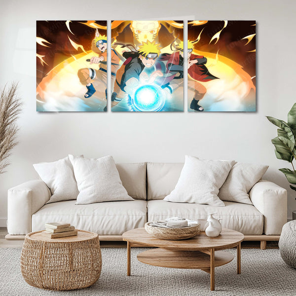 Anime Metal Poster Set of 3 | Naruto | Naruto Uzumaki Rasengan & Nine-Tails Chakra Triptych Wall Art
