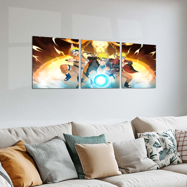 Anime Metal Poster Set of 3 | Naruto | Naruto Uzumaki Rasengan & Nine-Tails Chakra Triptych Wall Art