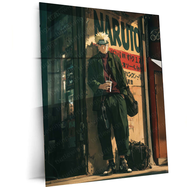 Naruto in Everyday Streetwear | Casual Anime Aesthetic Metal Frame | Urban Ninja Wall Art - TURTLEWINGS 