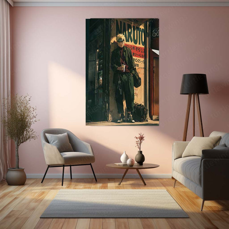Naruto in Everyday Streetwear | Casual Anime Aesthetic Metal Frame | Urban Ninja Wall Art - TURTLEWINGS 