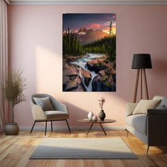 Mountain River Sunset Metal Poster | Scenic Nature Landscape Wall Art  Premium Wilderness & Nature-Inspired Metal Frame by TurtleWings