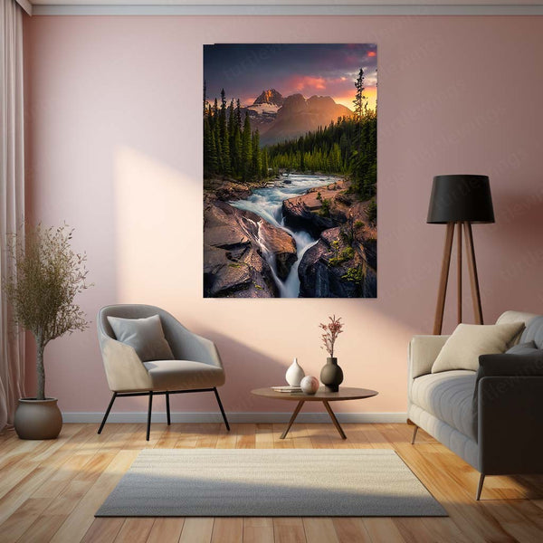 Mountain River Sunset Metal Poster | Scenic Nature Landscape Wall Art  Premium Wilderness & Nature-Inspired Metal Frame by TurtleWings