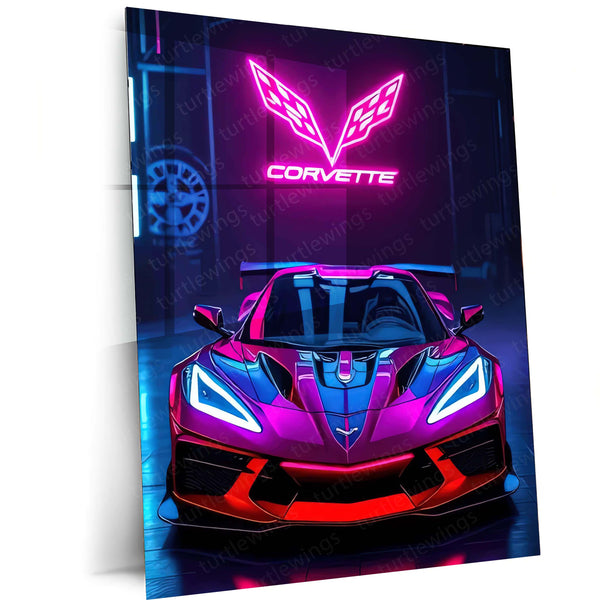 Neon Predator – Corvette in Electric Glory Metal Poster | Sports Car Wall Frame