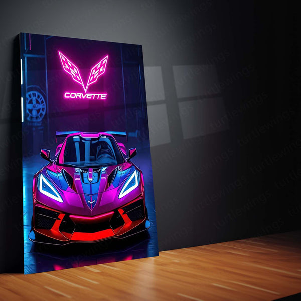Neon Predator – Corvette in Electric Glory Metal Poster | Sports Car Wall Frame