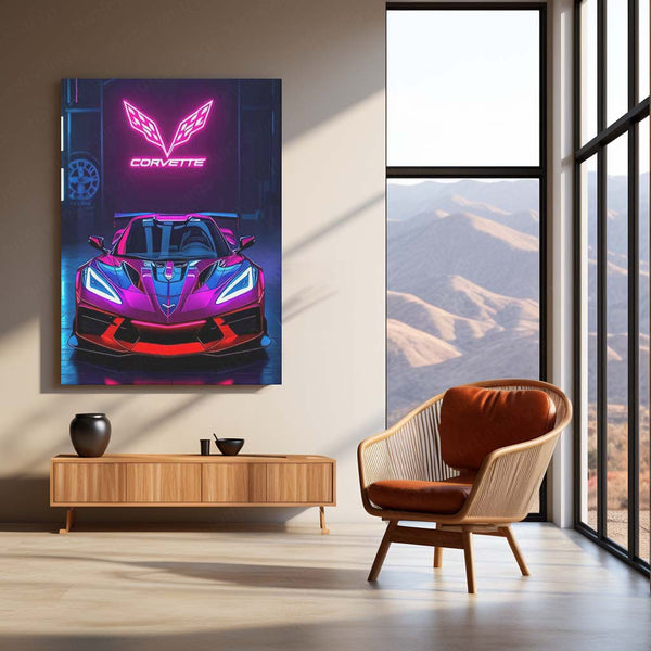 Neon Predator – Corvette in Electric Glory Metal Poster | Sports Car Wall Frame