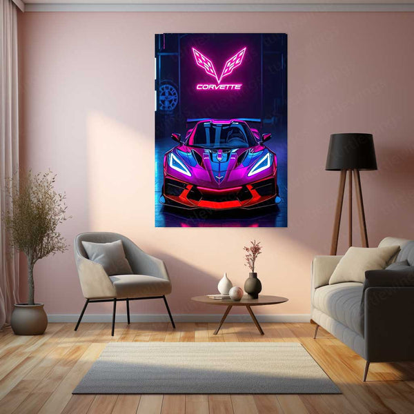Neon Predator – Corvette in Electric Glory Metal Poster | Sports Car Wall Frame