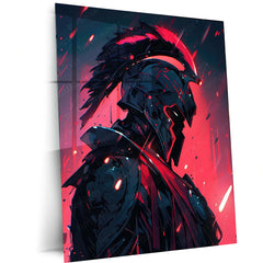 Spartan Warrior – Red Glow Battle Armor Metal Poster | Ancient Warrior Wall Frame