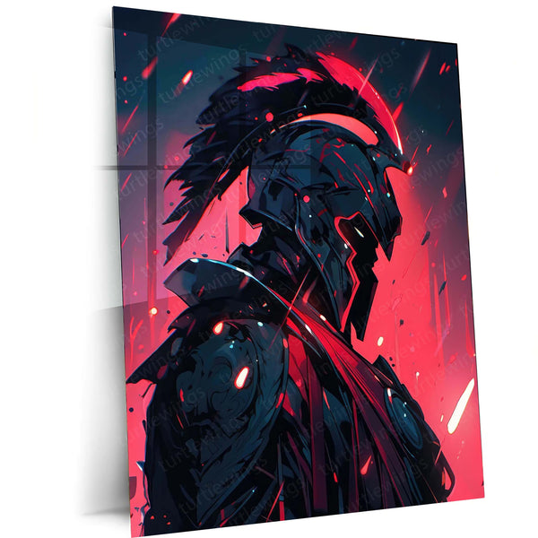 Spartan Warrior – Red Glow Battle Armor Metal Poster | Ancient Warrior Wall Frame