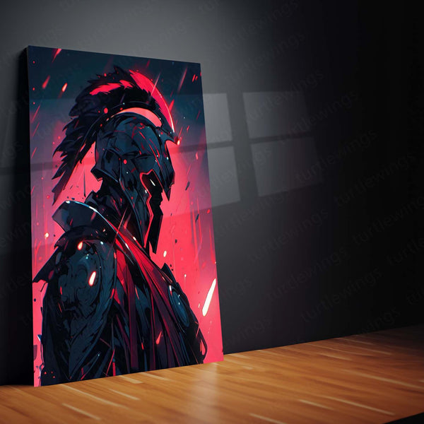 Spartan Warrior – Red Glow Battle Armor Metal Poster | Ancient Warrior Wall Frame