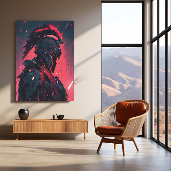 Spartan Warrior – Red Glow Battle Armor Metal Poster | Ancient Warrior Wall Frame