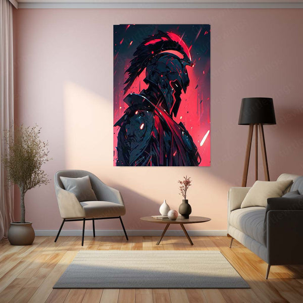 Spartan Warrior – Red Glow Battle Armor Metal Poster | Ancient Warrior Wall Frame
