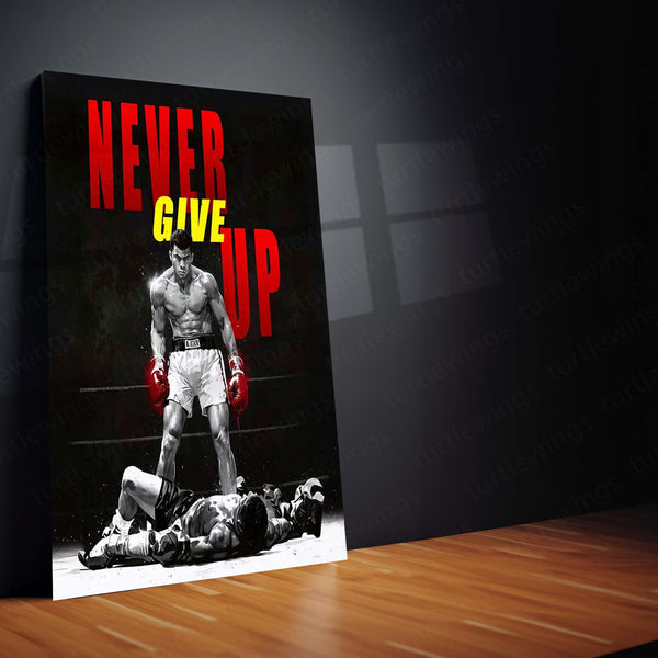 Never Give Up – Dominant Boxer Standing Over Opponent Metal Frame - TURTLEWINGS 