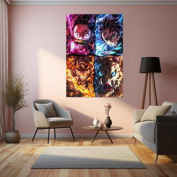 Demon Slayer Team Metal Poster – Tanjiro, Nezuko, Zenitsu & Inosuke Wall Frame (A0 Edition)