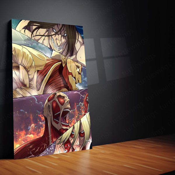 Anime Metal Poster Set of 3 | Attack on Titan | Eren Yeager & Titans Triptych Wall Art | Anime Aluminum Metal Print