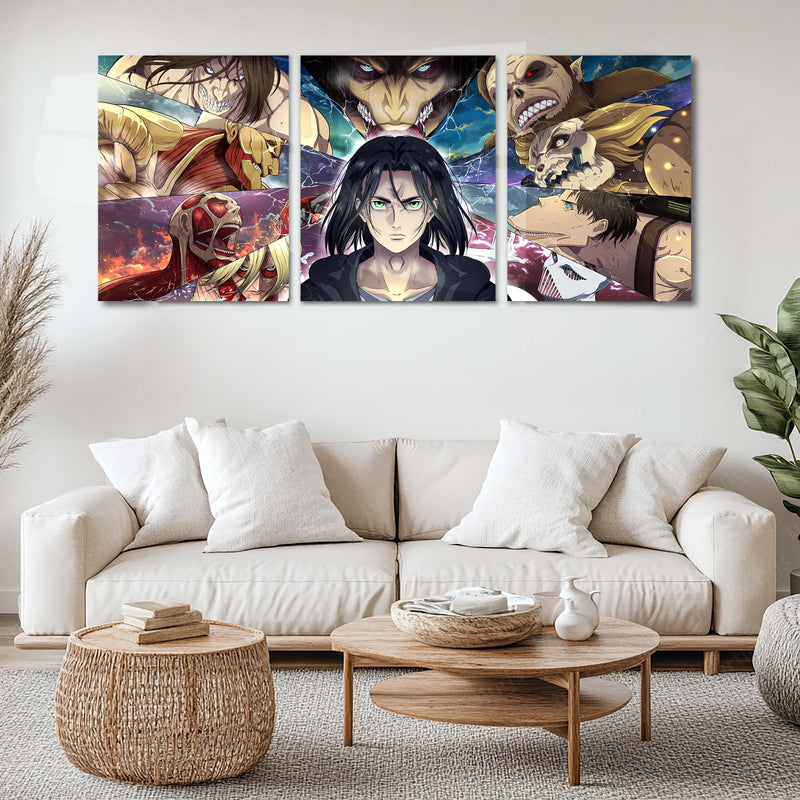 Anime Metal Poster Set of 3 | Attack on Titan | Eren Yeager & Titans Triptych Wall Art | Anime Aluminum Metal Print