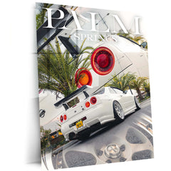 Car Metal Poster | Nissan GTR R34 – Palm Springs Edition | JDM Supercar Metal Frame | Automotive Wall Art