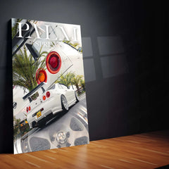 Car Metal Poster | Nissan GTR R34 – Palm Springs Edition | JDM Supercar Metal Frame | Automotive Wall Art