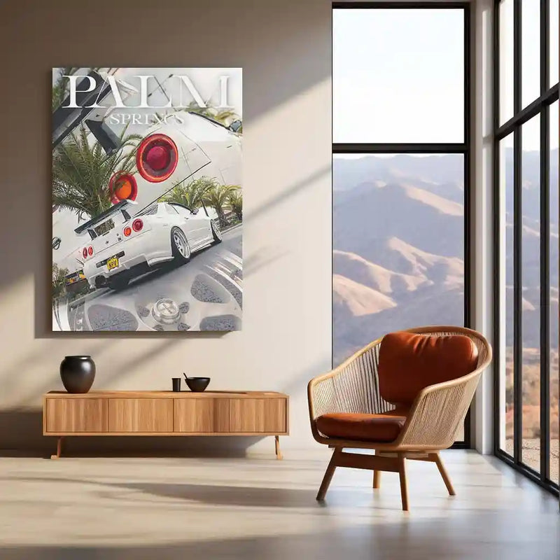 Car Metal Poster | Nissan GTR R34 – Palm Springs Edition | JDM Supercar Metal Frame | Automotive Wall Art