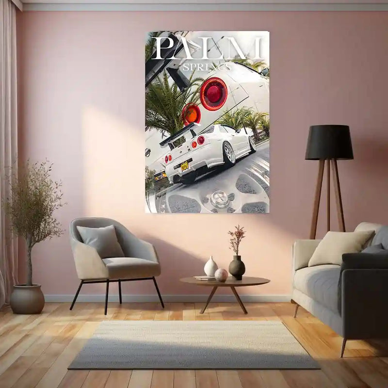 Car Metal Poster | Nissan GTR R34 – Palm Springs Edition | JDM Supercar Metal Frame | Automotive Wall Art