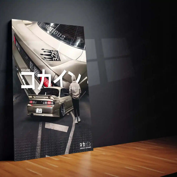 Car Metal Poster | Nissan Silvia S14 – Dream Chaser Edition | JDM Night Street Metal Frame | Japanese Car Culture Wall Art