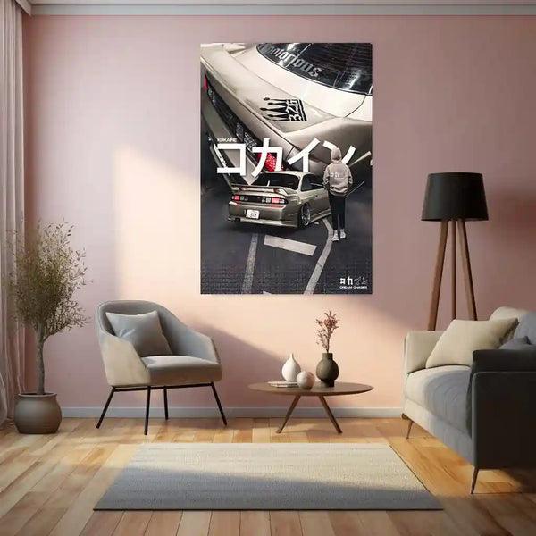 Car Metal Poster | Nissan Silvia S14 – Dream Chaser Edition | JDM Night Street Metal Frame | Japanese Car Culture Wall Art