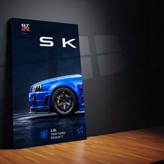 Car Metal Poster Set of 3 | Nissan Skyline GT-R R34 | Electric Blue JDM Sports Car Triptych Wall Art | Premium Automotive Metal Print