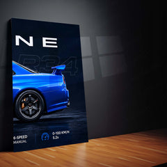 Car Metal Poster Set of 3 | Nissan Skyline GT-R R34 | Electric Blue JDM Sports Car Triptych Wall Art | Premium Automotive Metal Print