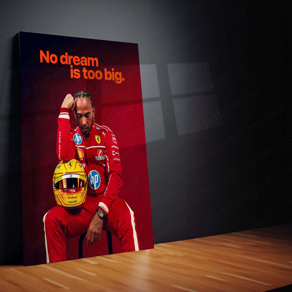 No Dream Is Too Big – Lewis Hamilton in Ferrari Suit Motivational Metal Frame | F1 Racing Wall Art - TURTLEWINGS 